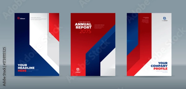 Obraz Modern corporate design template featuring dynamic layered abstract geometric shapes in blue, red, and white. A4 size book cover template for annual report, magazine, booklet, proposal, portfolio