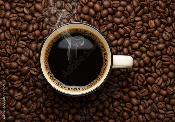 Fototapeta A steaming cup of coffee sits atop a bed of roasted coffee beans.