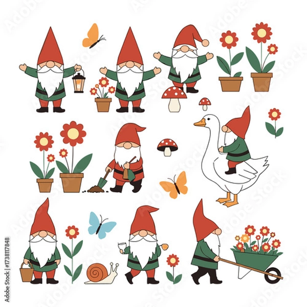 Fototapeta A charming collection of garden gnomes enjoying a sunny day in the flower patch.