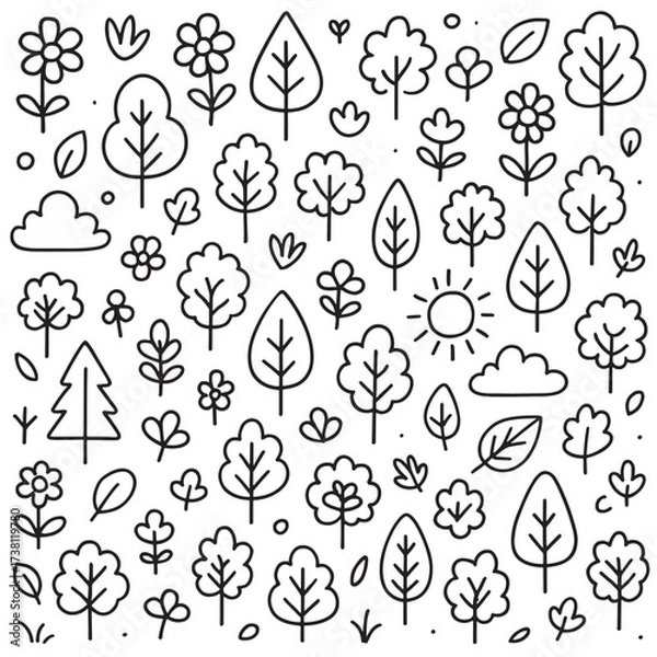 Fototapeta Minimalist Outline Forest Elements Seamless Pattern Illustration Nature Design