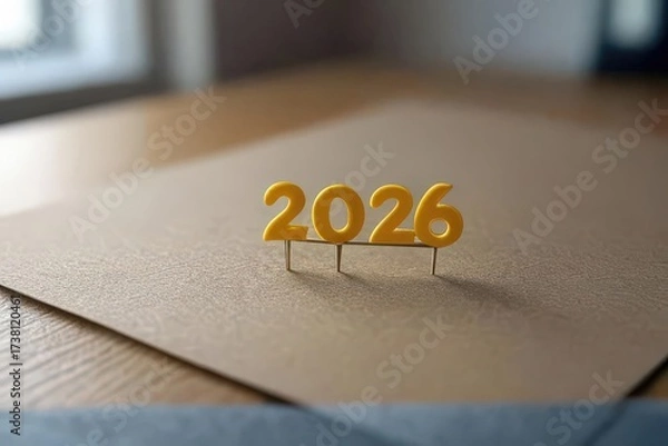 Fototapeta "Yellow 2026 numbers pinned on a corkboard with shadow, concept for new year, planning, and future goals"