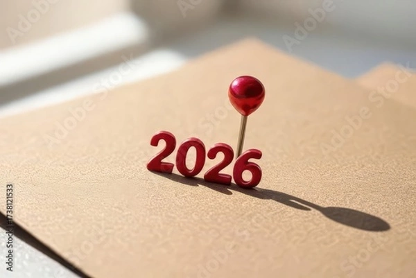 Fototapeta "Red 2026 numbers pinned on a corkboard with shadow, concept for new year, planning, and future goals"