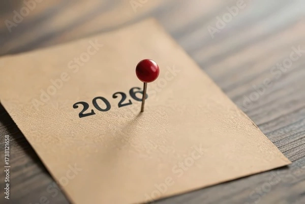 Fototapeta "Red 2026 numbers pinned on a corkboard with shadow, concept for new year, planning, and future goals"