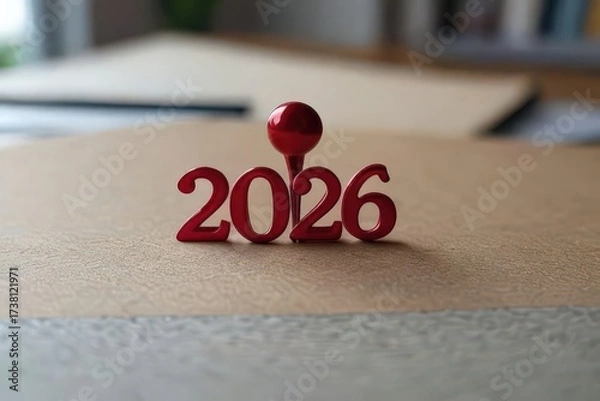 Fototapeta "Red 2026 numbers pinned on a corkboard with shadow, concept for new year, planning, and future goals"