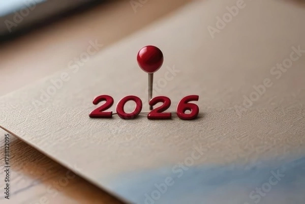 Fototapeta "Red 2026 numbers pinned on a corkboard with shadow, concept for new year, planning, and future goals"