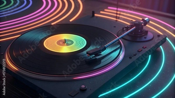 Fototapeta Neon turntable with vinyl record