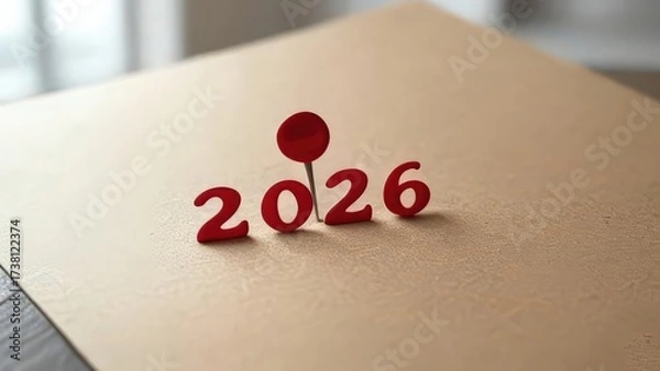 Fototapeta "Red 2026 numbers pinned on a corkboard with shadow, concept for new year, planning, and future goals"