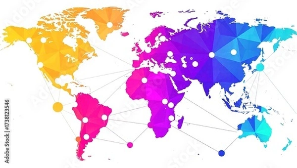Obraz Colorful Polygonal World Map with Connected Dots Representing Global Network.
