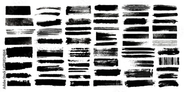 Fototapeta set of stained scratched grunge paint ink brush strokes, Set of grunge brushes featuring distressed textures, grunge old stained abstract scratched paint box with diverse brush strokes.	