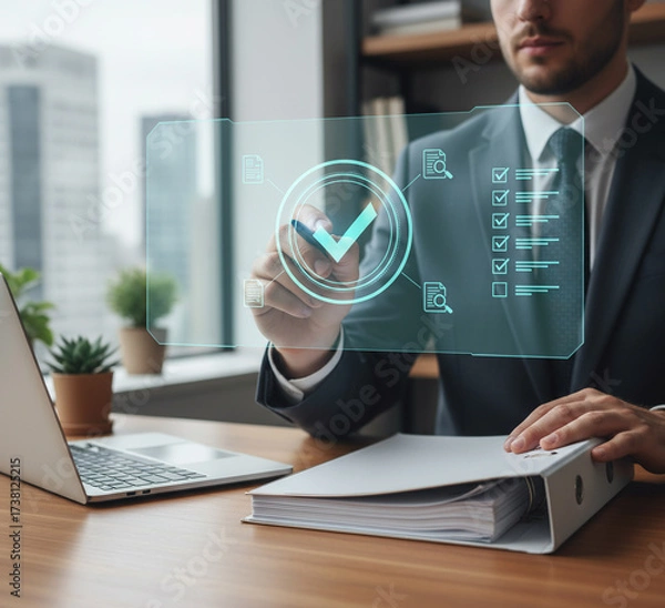 Fototapeta Digital Document Management and Verification with Futuristic Hologram