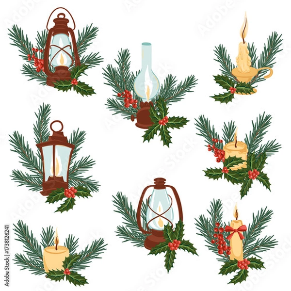 Fototapeta vector drawing Christmas compositions, vintage kerosene lamps, candles and fir branch with green needles and holly leaves and red berries, hand drawn illustration
