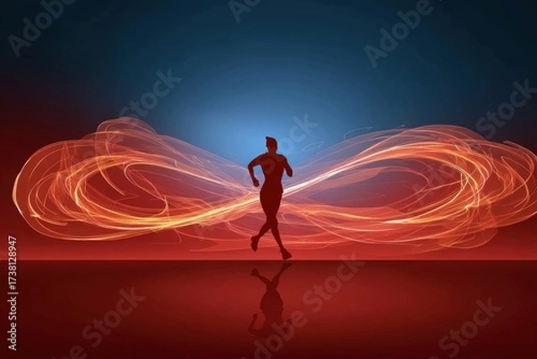 Fototapeta Silhouette of a runner with dynamic light trails in an abstract background