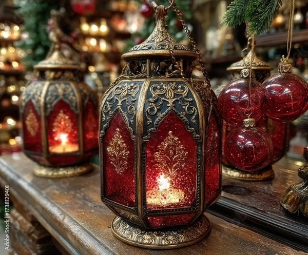 Fototapeta Ornate red lanterns and decorative baubles create a warm festive ambiance for holiday decor