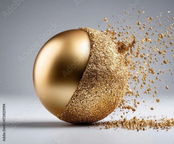 Fototapeta Golden sphere exploding with glitter particles on a gray background