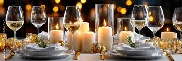 Fototapeta Elegant dinner table setting with candles and wine glasses for a festive occasion