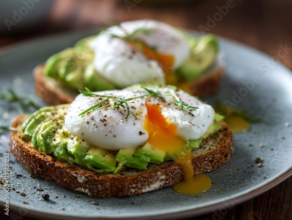 Fototapeta Delicious poached egg and avocado toast served on fresh whole grain bread.