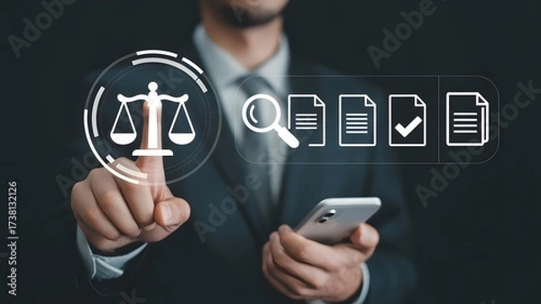 Fototapeta Compliance rules and law regulation policy concept. Compliance icons on virtual screen for enforcement of laws, regulations, and standards.
