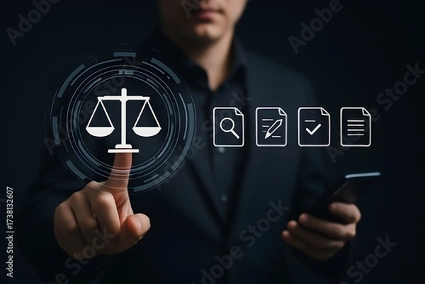 Fototapeta Compliance rules and law regulation policy concept. Compliance icons on virtual screen for enforcement of laws, regulations, and standards.
