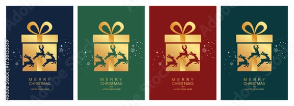 Fototapeta Merry Christmas and Happy New Year! Reindeer with gifts in the background. Luxurious brochure covers, cards, greetings, posters, a set of holiday vector illustrations.