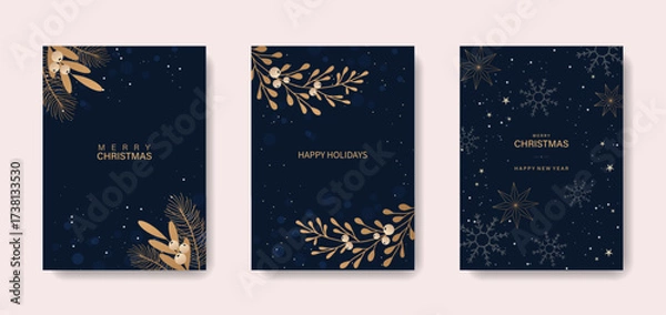 Fototapeta Merry Christmas and Happy New Year. Luxury greeting cards or invitations with a golden Christmas tree on a blue background.
