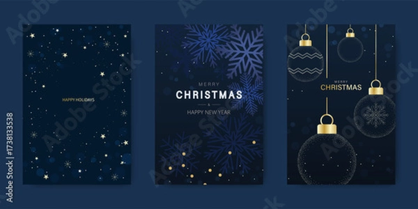 Fototapeta Merry Christmas and Happy New Year greeting card with a golden glittering Christmas tree ball, snowflakes, and stars. Vector illustration.