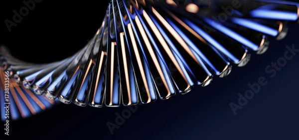 Fototapeta Neon glass spiral wave of transparent lines with blue brown gradient on dark 3d background. Abstract dna structure for science technology design. Futuristic graphic render wallpaper. 3D illustration