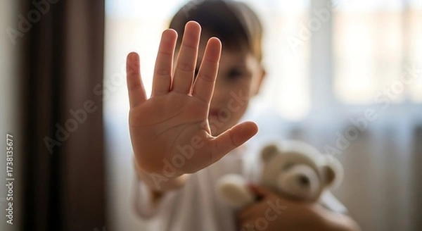 Obraz Young child holds teddy bear and raises hand in stop gesture conveying a message of protection and safety against harm