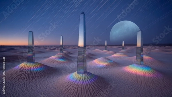 Fototapeta Twilight desert with mirrored obelisks and rainbow lights