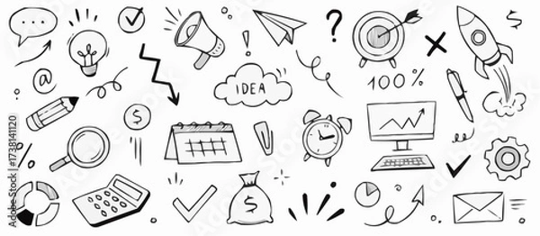 Fototapeta Hand drawn business icons and symbols collection for startup and success