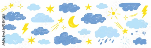 Fototapeta Whimsical weather elements collection with clouds stars moon sun and lightning