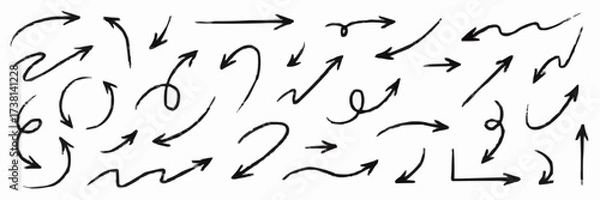 Fototapeta Collection of hand drawn black arrows and directional symbols