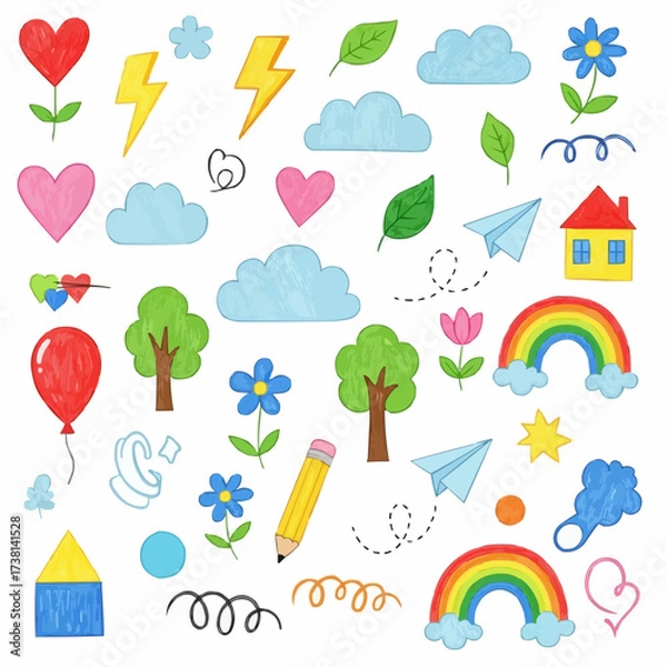 Fototapeta Collection of hand drawn cute elements for childrens designs
