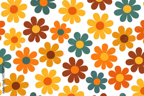 Obraz Abstract seamless pattern with groovy daisy flowers. Trendy vintage y2k design in 60s, 70s style. Retro floral vector illustration. Hippie flower power cartoon background.