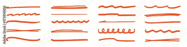 Fototapeta Collection of hand drawn orange brush stroke underlines and wavy lines