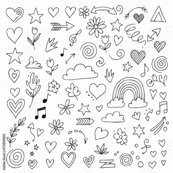 Fototapeta Collection of hand drawn doodle elements including hearts stars flowers clouds and arrows