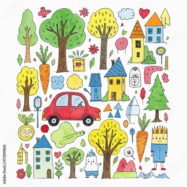 Fototapeta Whimsical hand drawn doodle collection of houses trees car and characters