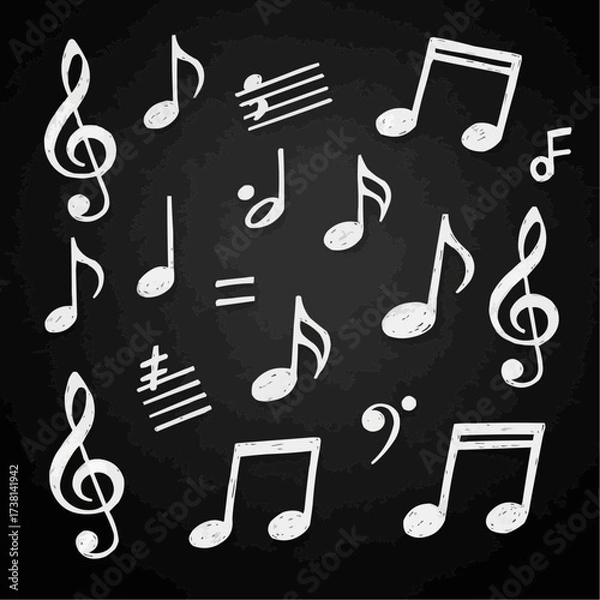 Fototapeta Hand drawn white music notes and symbols on a chalkboard background