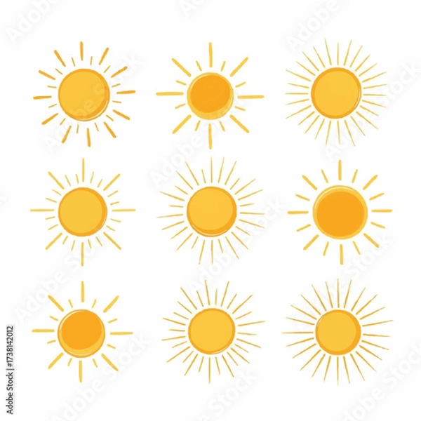 Fototapeta Collection of nine hand drawn yellow sun icons with rays on white background