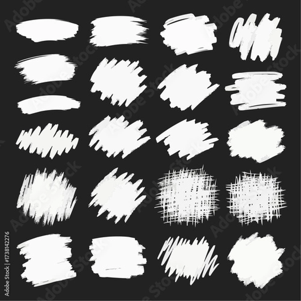 Fototapeta Collection of white hand drawn brush strokes and scribbles on black background