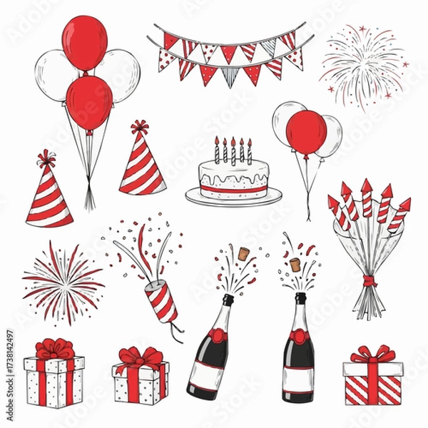 Fototapeta Hand drawn celebration elements with red and white color scheme