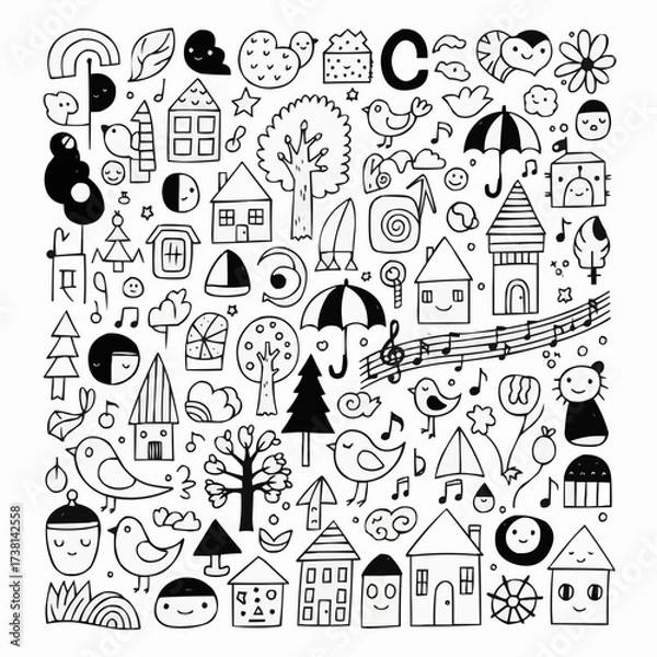 Fototapeta Whimsical doodle collection of cute houses birds trees and music notes