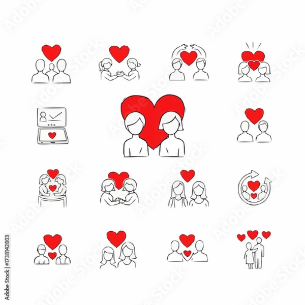 Fototapeta Collection of hand drawn love and relationship icons with red hearts