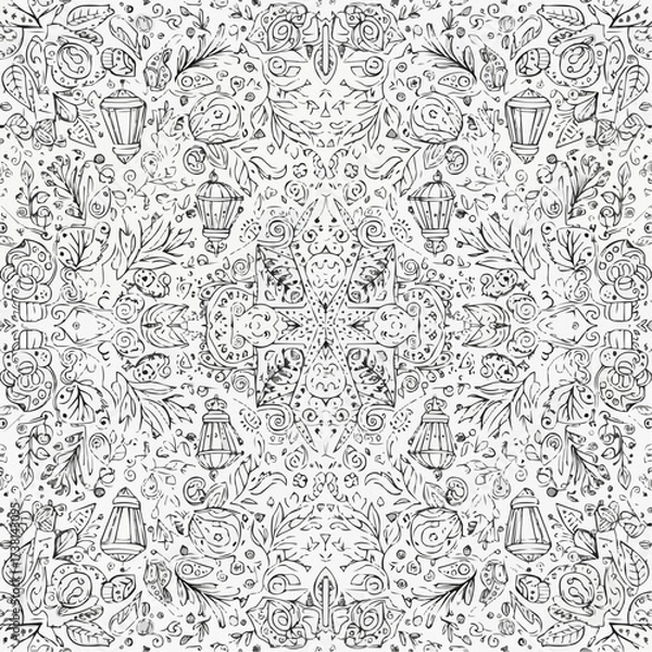 Fototapeta Intricate black and white mandala pattern with lanterns and floral elements