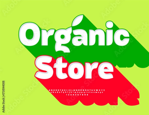 Fototapeta Vector Eco board Organic Store. Elegant Font with Big Red Shadow. Bright 3D Alphabet Letters and Numbers set.