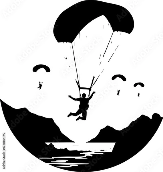 Fototapeta Parachutist Skydiver Landing Over Mountain Landscape Silhouette
