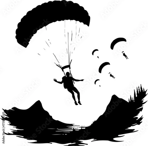 Fototapeta Parachutist Skydiver Landing Over Mountain Landscape Silhouette