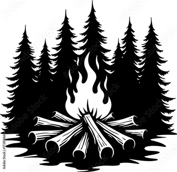 Fototapeta Campfire and Pine Forest Silhouette Vector