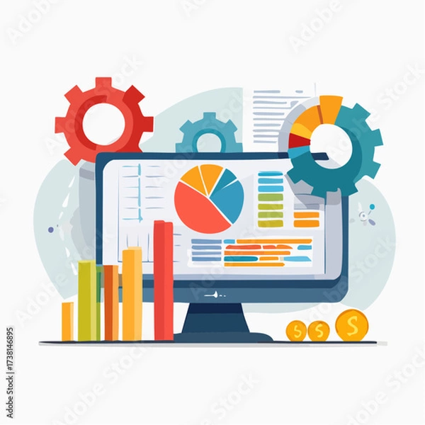 Obraz Business analytics concept with a computer monitor displaying data dashboards, charts, and graphs for financial reporting and market research