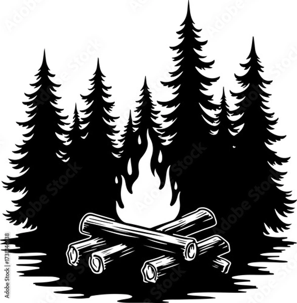 Fototapeta Campfire and Pine Forest Silhouette Vector