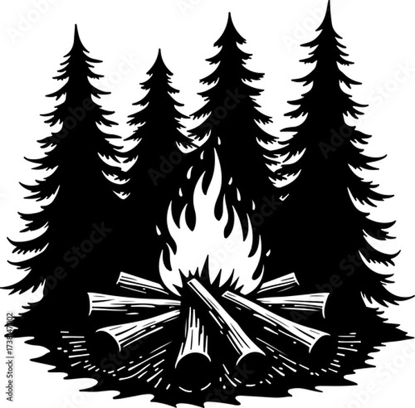Fototapeta Campfire and Pine Forest Silhouette Vector